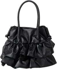 HARGIO(ハルジオ) フリルバッグ トートバッグ ハンドバッグ プリーツ ティアードバッグ チュール バック 肩掛け ショルダー レディース 韓国 おしゃれ 可愛い(ブラック)