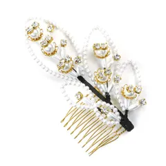 髪飾り コーム型 ラインストーン パール ゴールド 白 キラキラ リーフ 葉 小さい かんざし かわいい 粋 日本製 おしゃれ 上品 No.9-3387