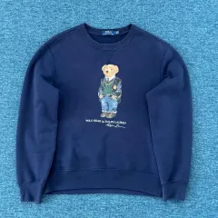 激レア✨️90s ラルフローレン ポロベア プリント スウェット USA 紺 M 90s Polo Ralph Lauren ポロベア スウェット バスケ USA ポロ