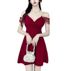 [Takusan Shopping] フレアドレス パール ミニドレス キャバ オフショルダー 胸元セクシー ミニワンピース ミニタイト 肩紐 カシュクール (JP, アルファベット, M, レッド) [レッド] [M]