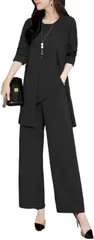 Four leaf セットアップ レディース フォーマル パンツドレス スーツ 3点セット ジャケット ノースリーブ スリーピース 大きいサイズ ワンピース カジュアル(ブラック,  3XL)