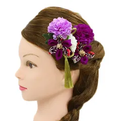 髪飾り 成人式 つまみ細工 振袖 前撮り 袴 花 3点セット 紫 薄紫 赤紫 白 ゴールド ちりめん 組紐 房 房付き 麻の葉 和柄 かん No.9-5091