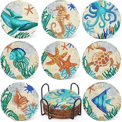 【数量限定】海の生き物 丸型 工芸品 アートクラフト ホルダー付き 初心者 初心者 ダイアモンドビーズ DIY 簡単 手作りキット 8枚 ダイヤモンドペインティング キット ダイヤモンドアート ダイヤモンドアート コルク コースター JANLOFO