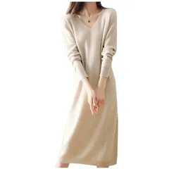 Free Size_ベージュ [ワン アンブ] ニットワンピース レディース きれいめ vネック ワンピース 長袖 ロング オフィスカジュアル Iライン ルームウェア 白 ベージュ