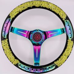 【イエロー】水中花ステアリング ネオクローム かわいい 当時物風 レトロ 旧車 社外