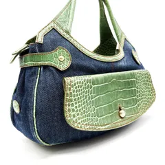 【美品】 TOD'S トッズ ハンドバッグ トートバッグ クロコ型押し レザー 革 デニム グリーン 緑色 ネイビー 紺色 ユニセックス 男女兼用 レディース メンズ