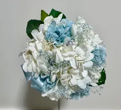 ミニラウンドブーケ　ウェディングブーケ　ミニブーケ　ブライズメイズ　プリザーブドフラワー　カスミソウ　アジサイ　ブートニアセット