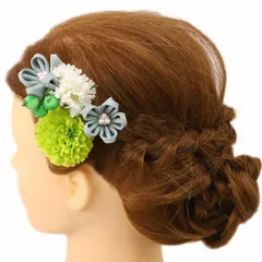 髪飾り 成人式 つまみ細工 振袖 前撮り 袴 浴衣 夏祭り 花火大会 豪華3点セット 緑 黄緑 渋緑 白 ちりめん パール ヘアアクセ No.9-4150