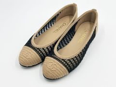 CHANEL シャネル レディース バレリーナ フラット シューズ 靴 ラフィア ベージュ ブラック 2025年春夏 サイズ：38C G46352 B19806