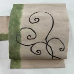 名古屋帯 美品 秀品 落款 幾何学 縮緬 ベージュ 正絹 【中古】