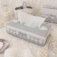 ティッシュケース　ティッシュカバー　ティッシュボックス　フレンチシック　シャビーシック　フレンチシャビー　フレンチ調　エレガント　グレー　ホワイト　白　モノトーン　ドット　水玉　グログラン　リボン　ハシゴリボン　はしごリボン　レース　モチーフ　ハート　かぶせ蓋