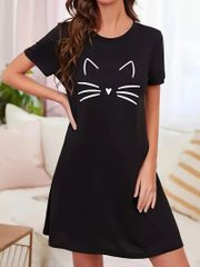 女性の漫画猫プリントラウンジドレス　カジュアルで快適な半袖Tシャツドレス　Lサイズ