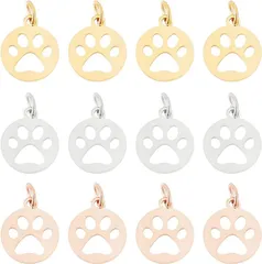 UNICRAFTALE 12個 3色 犬の足跡 チャーム 動物チャーム 犬ペンダント 304ステンレス鋼 フラットラウンドチャーム( 3色-12個,  14mm)