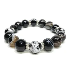 12mm 四神獣銀彫オニキス×チベットアゲート（天眼石） パワーストーン ブレスレット天然石 運気上昇 金運 ギャンブル運 お守り （シルバー）メンズ・レディース 男性・女性 数珠ブレス 開運 ■