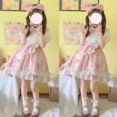 ロリータ サスペンダースカート ティアードスカート 水玉柄 ドット リボン Lolita ゆめかわ フリル 可愛い 萌え プレゼント ショート丈 膝上丈 レディース コスチューム 仮装 ハロウィン 学園祭 文化祭 パニエ 甘ロリ ピンク dg271m4