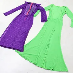 【ベリーダンス用衣装】パープル 黄緑色 バラディドレス まとめ売り ワンピースドレス 紫 レース生地 ラメ 2点セット 透け感 スリットデザイン おしゃれ コスチューム セット販売 鮮やか きれい 着心地 ダンス衣装 ビビッドカラー 目立つ