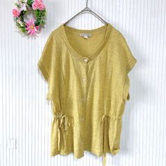49-53 ー大特価ー 【HUMAN WOMAN】ヒューマンウーマン  レディース トップス リネン ウール カーディガン (М)マスードカラー ドロスト フレンチスリーブ 半袖 くすみイエロー カラシ色
