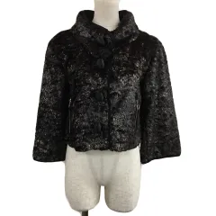 ランバンオンブルー LANVIN en Bleu ジャケット シングル ショート クロップド スタンドカラー フェイクファー 無地 長袖 36 茶 黒 ブラウン ブラックのサムネイル