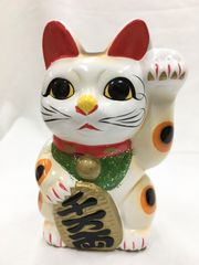 «花ラブリ»　MNN130M5　5号　15cm 　新品　招き猫　貯金箱　白　三毛猫　猫　ネコ　ねこ　家内安全　商売繁盛　金運招福　金運ＵＰ　縁起物　手描き　武陽久調堂製