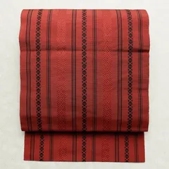 中古 名古屋帯 全通柄 正絹 縞柄・線柄 松葉仕立て 赤・朱