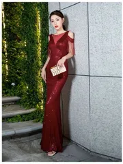 マーメイドドレス 華やか ロングドレス イブニングドレス ブルゴーニュ パーティー パーティードレス ブライダル おしゃれ 上品 エレガント カラードレス マーメイドドレス 結婚式二次会 結婚式 発表会
