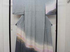 仮絵羽 夏 訪問着 海辺の風景文様 付下げ 灰藍色 浜縮緬 単衣 未仕立