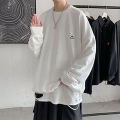 韓国 メンズ 秋冬 ニコちゃん ロゴ スウェット トレーナー 長袖 ホワイト
