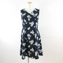 グラシア GLACIER ワンピース ひざ丈 ノースリーブ Vネック 花柄 紺 M *T781