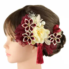 髪飾り 成人式 つまみ細工 振袖 前撮り 袴 2点セット 花 赤 臙脂 ワインレッド 白 ゴールド つまみ細工 組紐 房 造花 カスミソ No.9-5169