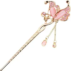 Miaomyao ミャオミャオ 簪 かんざし 一本 髪飾り 和装 留袖 キュービックジルコニア バタフライ フラワー 蝶 花 モチーフ ピンクゴールド ヘアアクセサリー(ピンク,  ワンサイズ)