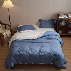 MILDLY 洗いざらし綿100% 布団カバー 4点セット シングル 洋式・和式兼用 ：掛布団カバー ボックスシーツ 枕カバーx2 / 柔らかく 変形しにくく 色あせず シングル・デニムブルー(デニムブルー,  シングル)