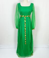 ヴィンテージ 60s 70s ユニオンメイド 刺繍お花ライン 長袖 オーガンジー ロングドレス ワンピース レディース レトロガーリー ビンテージ 70年代 60年代 USA製 アメリカ製 ビンテージ ILGWU ユニオンチケット グリーン 【S262】