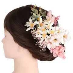 髪飾り 成人式 振袖 花 9点セット ピンク 桜色 緑 ミントグリーン リーフ ナチュラルテイスト カスミソウ Uピン 和装 洋装 大 No.12-0893