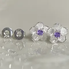 高級 CZダイヤ 繊細 ミニ 桜 フラワー S925 シルバー ピアス＊パープル