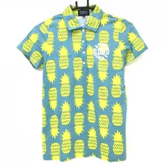 【美品】パーリーゲイツ 半袖ポロシャツ ブルー系×イエロー パイナップル総柄 レディース 0(S) ゴルフウェア PEARLY GATES