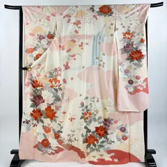 振袖 身丈167.5cm 裄丈67cm M 袷 牡丹 鳥 金糸 金銀彩 クリーム 正絹 秀品 【中古】