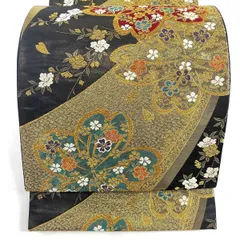 袋帯 秀品 振袖向き 桜 桜の花びら 唐織 箔 黒 六通 正絹 【中古】