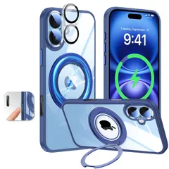 【在庫セール】ガラスフィルムレンズ保護 マグネット搭載 取り外すカメラカバー シリコン耐衝撃 防塵 クリア背面 カメラコントロールカバー付き かわいいiPhone16ケース 360°回転スタンド隠しリング付き MagSafe対応 ダークブルー アイフォン16用