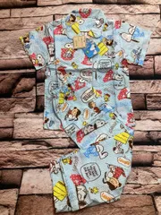 送料無料！大人気！【スヌーピーコミック柄】リップル生地 綿１００％子供半袖&長パンツ パジャマ(水色系)１組