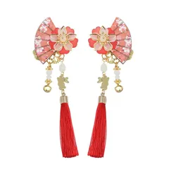 【在 庫 処 分】入学式 卒業式 子供髪飾り ヘッドドレス ヘアアクセサリー 和装 浴衣 七五三 漢服 中華風 ヘアクリップ 花 (赤) 扇 タッセル 髪飾り 扇子