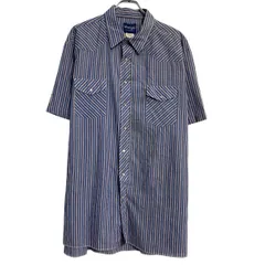 Wrangler 半袖 ストライプシャツ 2XL ブルー ホワイト ラングラー スナップボタン ビッグサイズ カジュアル 古着卸 アメリカ仕入 a702-6504