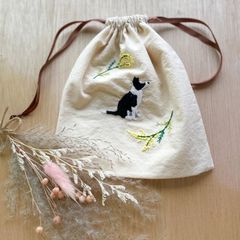 【ボーダーコリー巾着】シンプルお花刺繍♪