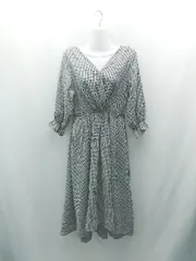 ◇ natural couture チェック柄 Vネック ウエストゴム シンプル 長袖 ひざ丈 ワンピース サイズF ブラック レディース E  【1309250037606】