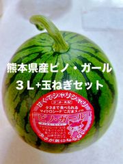 【産地直送・収穫後即発送】熊本県産小玉スイカ　ピノ・ガール３Ｌ １玉　玉ねぎ１Ｋｇセット　正規品　マイクロシード　種まで食べられるスイカ
