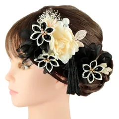 髪飾り 成人式 つまみ細工 振袖 前撮り 袴 2点セット 花 黒 白 ゴールド つまみ細工 組紐 房 造花 カスミソウ 葉 リーフ パー No.9-5170