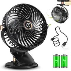 卓上扇風機 クリップ 小型 USB扇風機20db静音 LEDデジタル表示360度角度調整 5000mAh大容量バッテリー内蔵 強力 充電式 コードレス 長時間連続使用 クリップファン 5段階風量調節( ブラック)のサムネイル