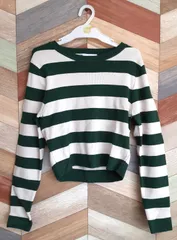 ZARA クロップド丈　ボーダー柄　長袖ニット　グリーン　L
