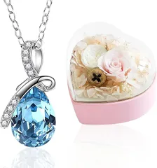 SENJWARM プリザーブドフラワー ジュエリーボックス しずく型 ネックレス 枯れない花 2in1( ピンク＋ブルーの水滴型,  simple)