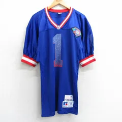 M/古着 ラッセル 半袖 ビンテージ フットボール Tシャツ メンズ 90s NFL PAGANINI 1 メッシュ地 ロング丈 Vネック 青 ブルー ユニフォーム のサムネイル
