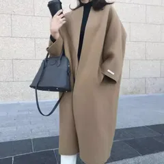 コート アウター 上着 レディース ウール 羽織 前開き ウールロングコート ロングコート ノーカラーコート ロング 長袖 ボリューム袖 ラウンドネック 襟なし ノーカラー ワイド オーバーサイズ ふわふわ ふっくら ポケット かわいい 大人可愛い きれいめ 